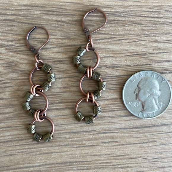 HAND CRAFTED EARRINGS Antiqued Copper Antiqued Brass Hoop Earrings Pierced - Picture 4 of 12